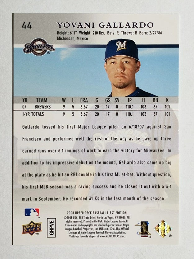 2008 Upper Deck First Edition #44 Yovani Gallardo