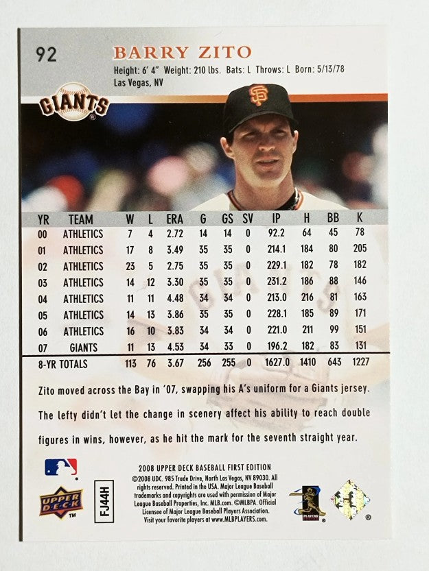 2008 Upper Deck First Edition #92 Barry Zito