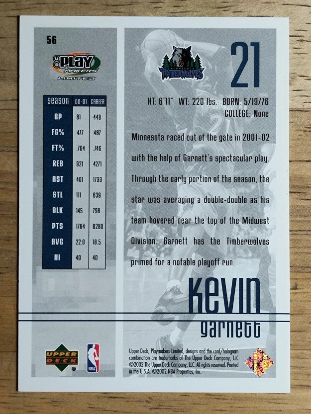 2001-02 Upper Deck Playmakers #56 Kevin Garnett
