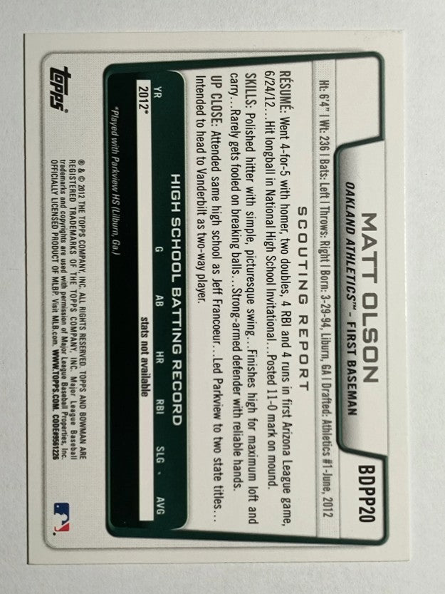 2012 Bowman Draft Draft Picks #BDPP20 Matt Olson