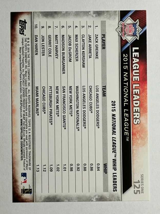 2016 Topps #125 Zack Greinke/Clayton Kershaw/Jake Arrieta LL
