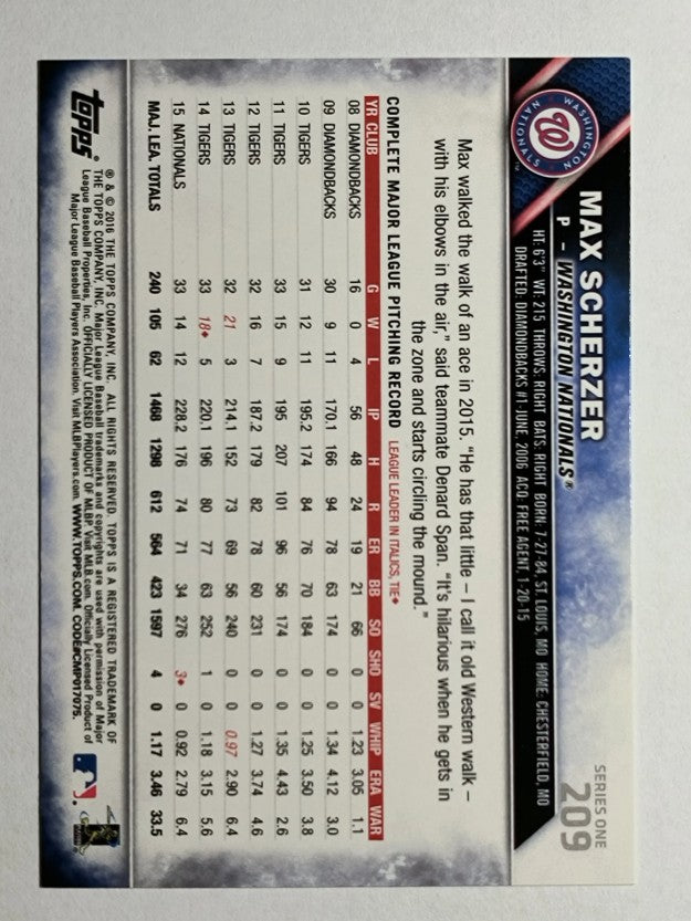 2016 Topps #209 Max Scherzer