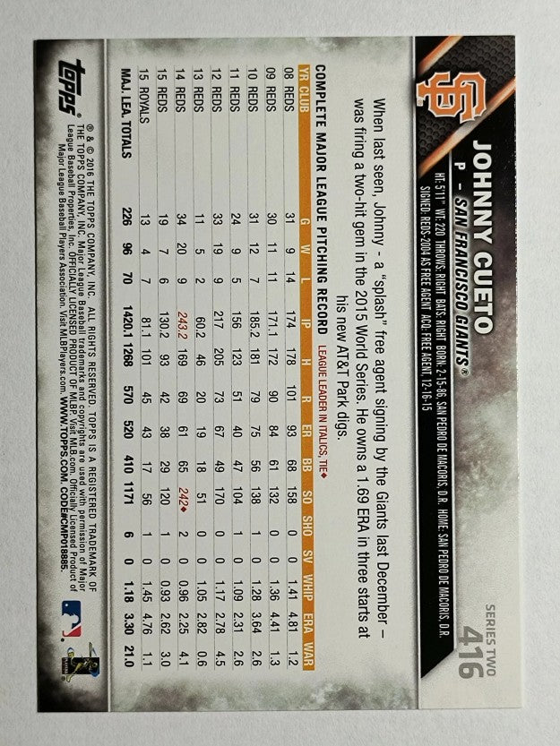 2016 Topps #416 Johnny Cueto
