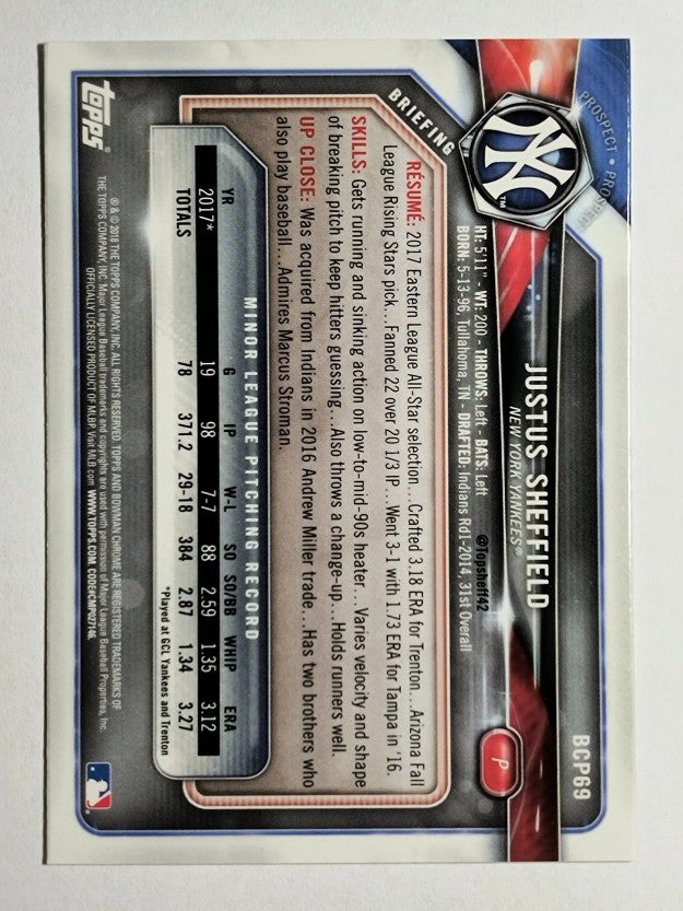 2018 Bowman Chrome Prospects #BCP69 Justus Sheffield