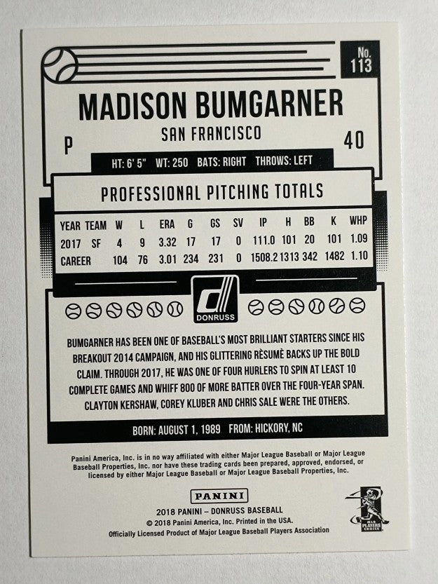 2018 Donruss #113 Madison Bumgarner