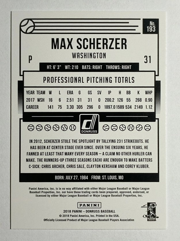 2018 Donruss #193 Max Scherzer