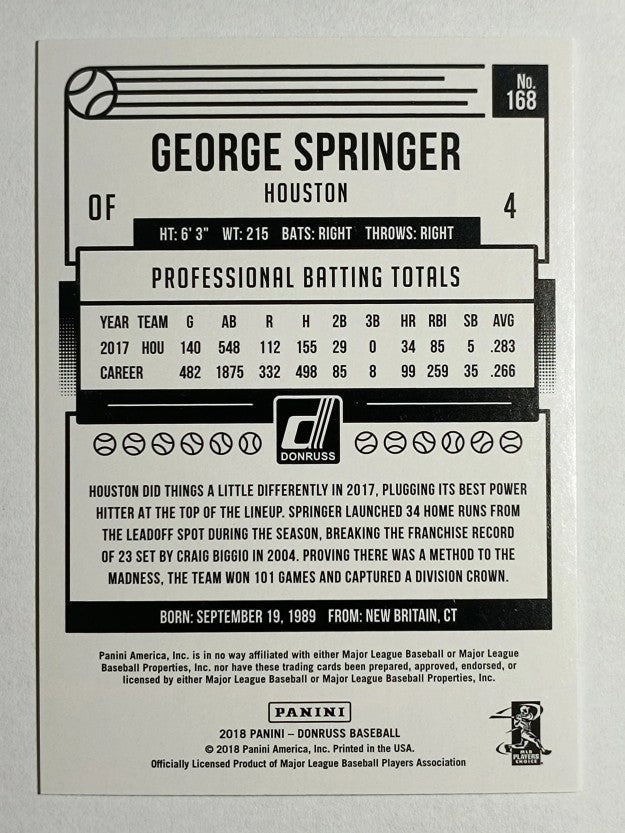 2018 Donruss Holo Blue #168 George Springer