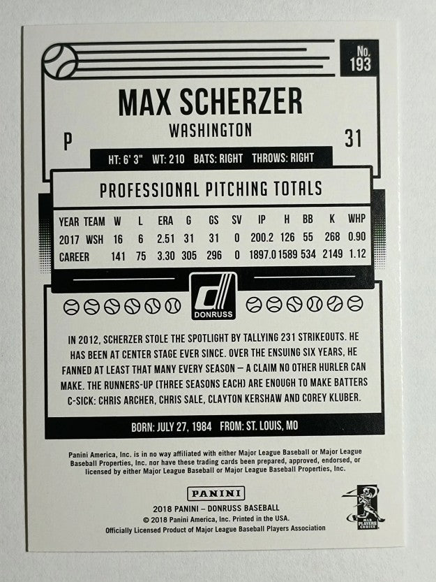 2018 Donruss Holo Green #193 Max Scherzer