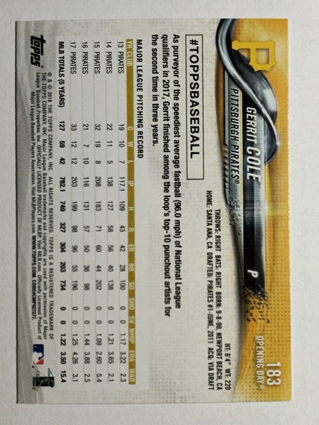 2018 Topps Opening Day Blue Foil #183 Gerrit Cole