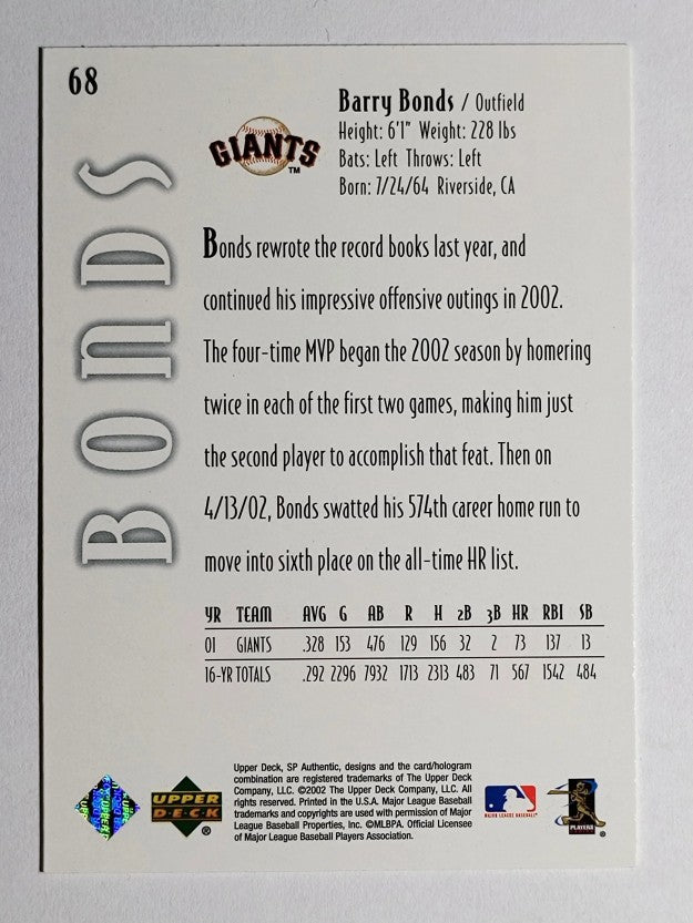 2002 SP Authentic #68 Barry Bonds