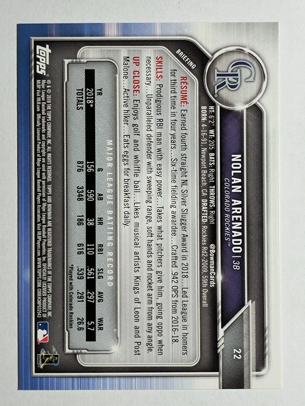2019 Bowman #22 Nolan Arenado