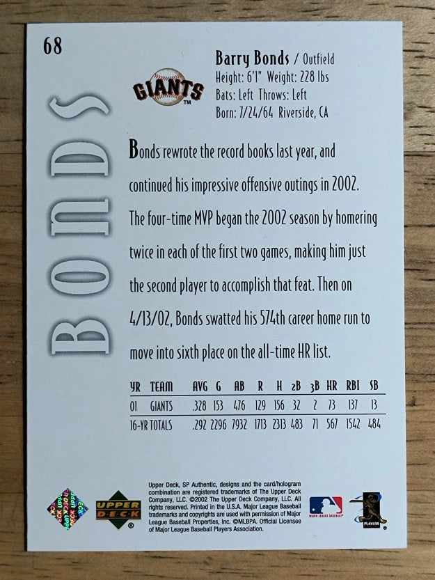 2002 SP Authentic #68 Barry Bonds