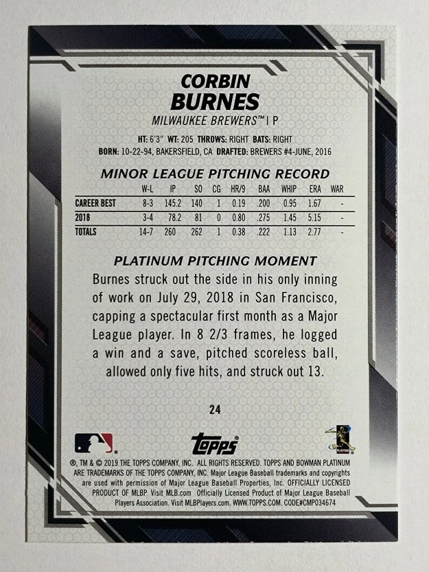 2019 Bowman Platinum #24 Corbin Burnes RC