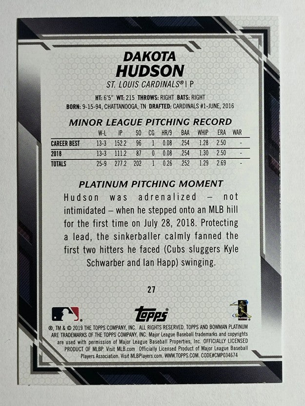 2019 Bowman Platinum #27 Dakota Hudson RC