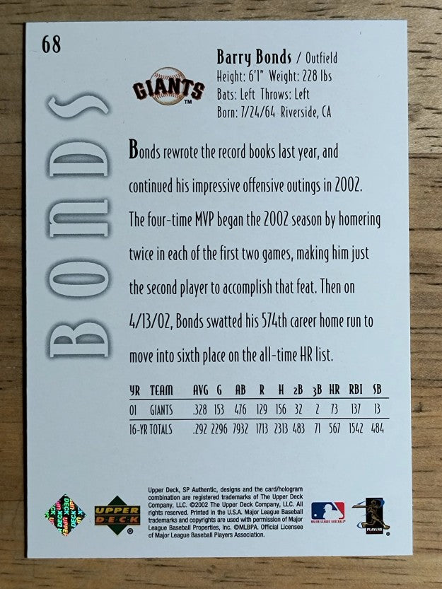 2002 SP Authentic #68 Barry Bonds