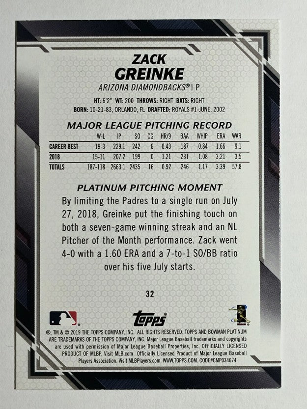 2019 Bowman Platinum #32 Zack Greinke