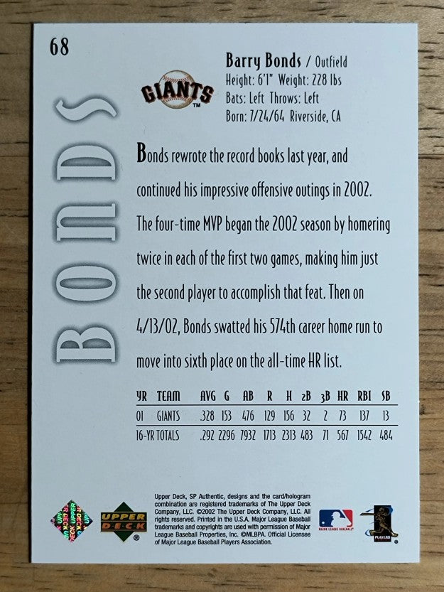 2002 SP Authentic #68 Barry Bonds