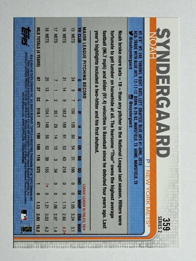 2019 Topps #359 Noah Syndergaard