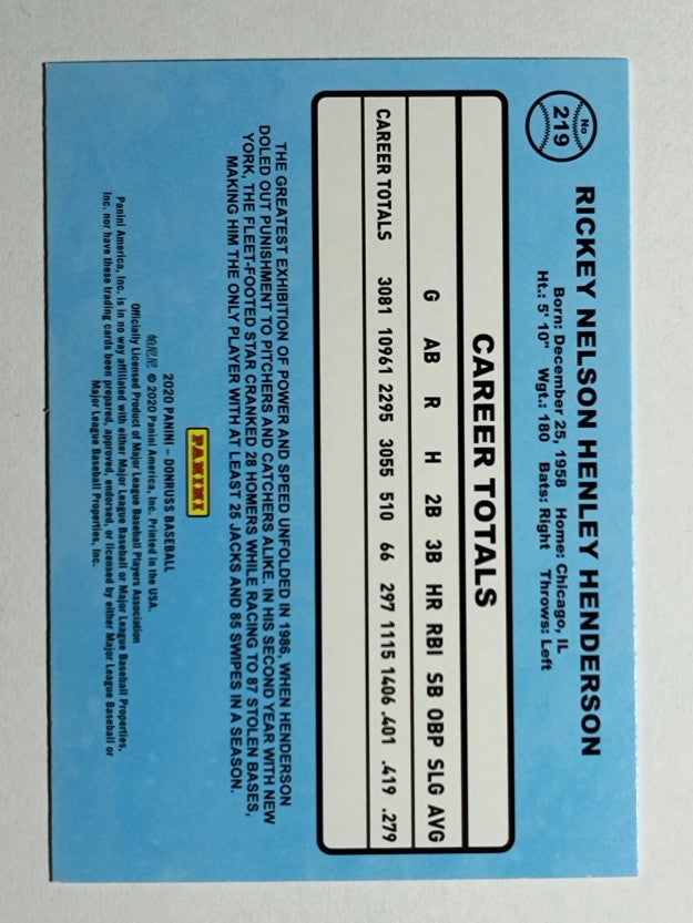 2020 Donruss #219 Rickey Henderson RETRO