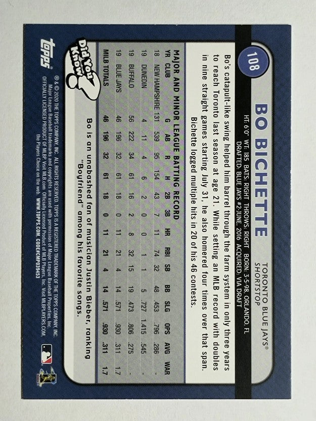 2020 Topps Big League #108 Bo Bichette RC