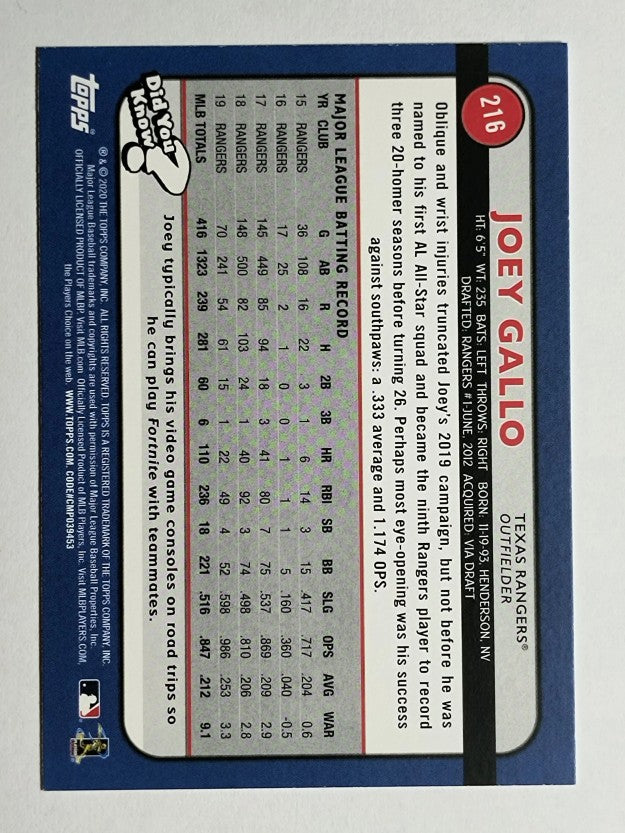 2020 Topps Big League #216 Joey Gallo