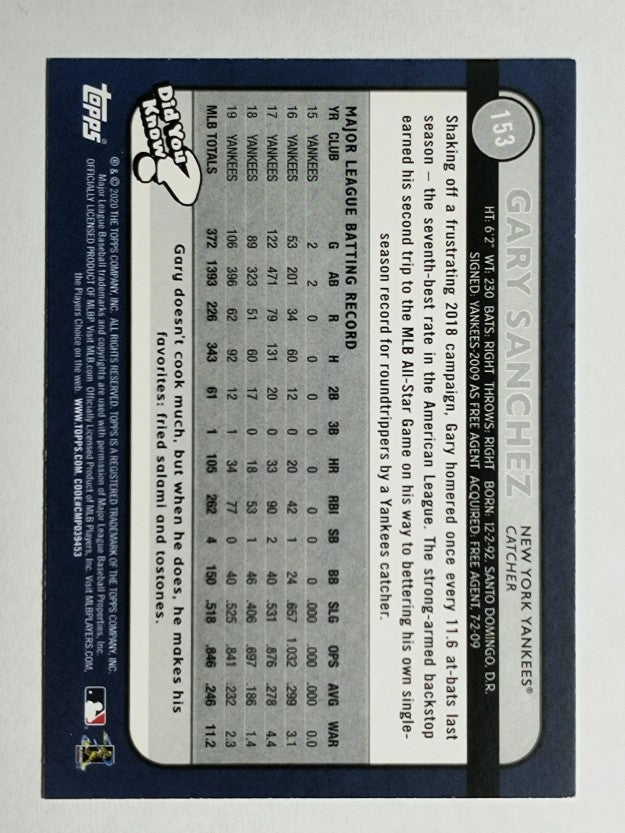 2020 Topps Big League Blue #153 Gary Sanchez