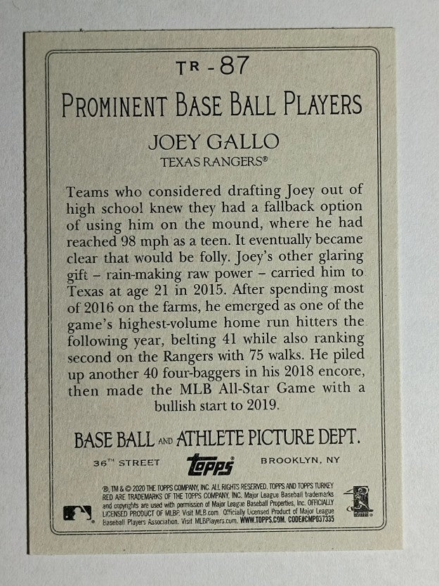 2020 Topps Turkey Red '20 #TR87 Joey Gallo