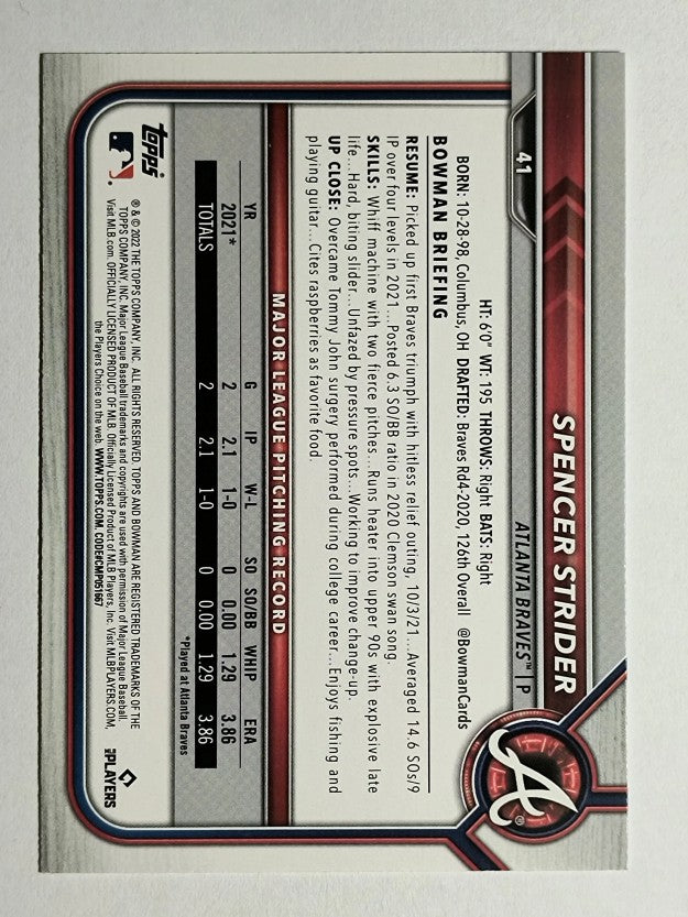 2022 Bowman #41 Spencer Strider RC