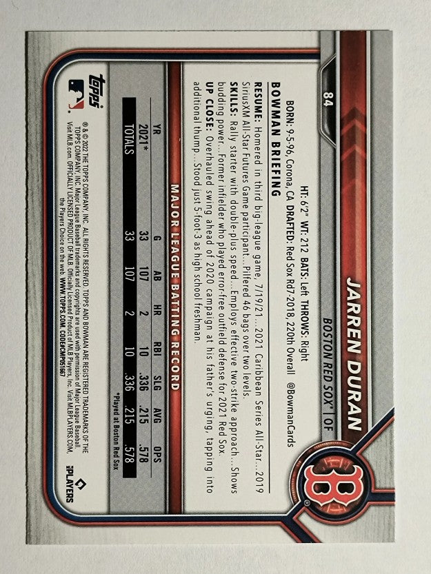 2022 Bowman #84 Jarren Duran RC