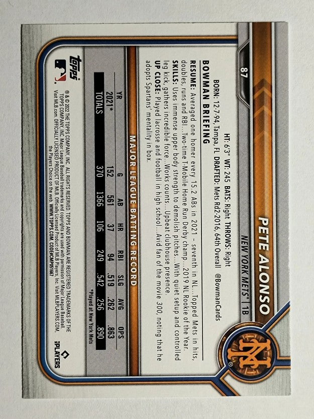 2022 Bowman #87 Pete Alonso