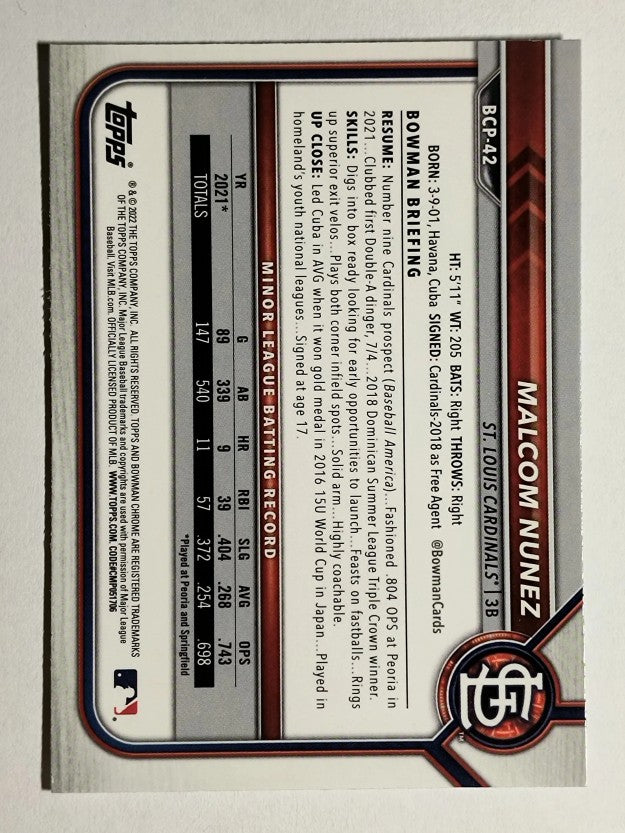 2022 Bowman Chrome Prospects #BCP42 Malcom Nunez