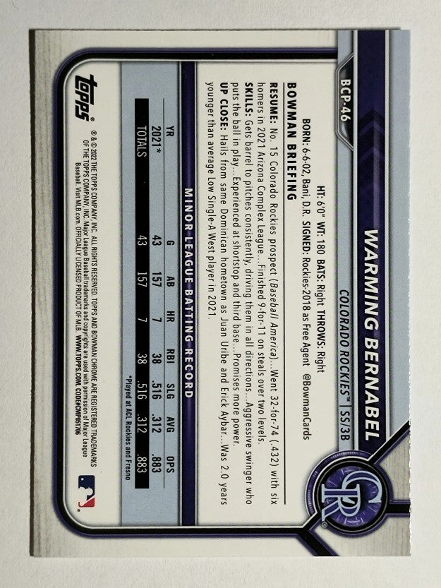 2022 Bowman Chrome Prospects #BCP46 Warming Bernabel