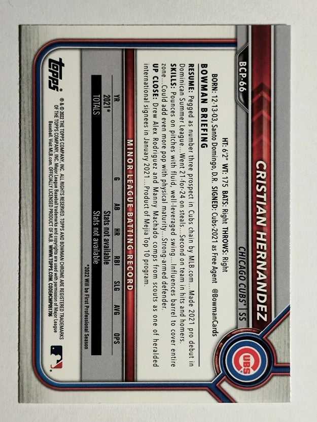 2022 Bowman Chrome Prospects #BCP66 Cristian Hernandez