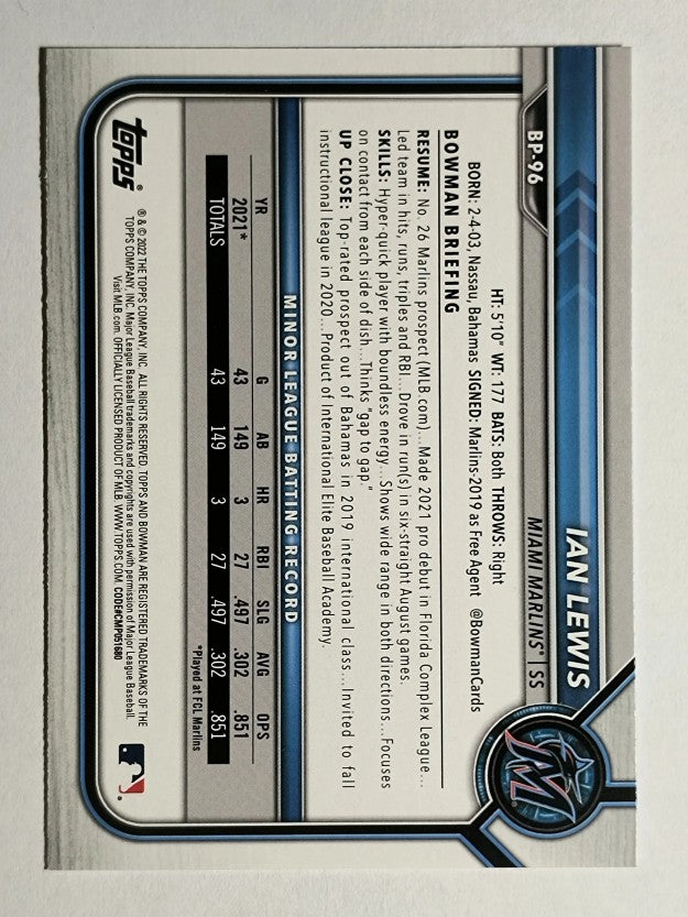 2022 Bowman Prospects #BP96 Ian Lewis