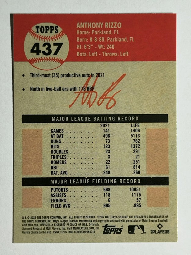 2022 Topps Chrome Platinum Anniversary #437 Anthony Rizzo