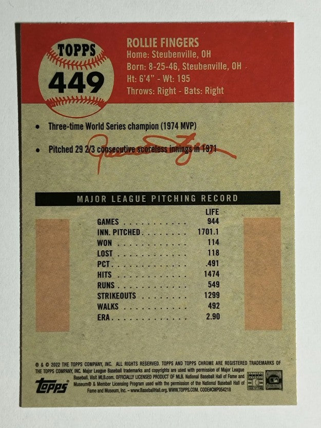 2022 Topps Chrome Platinum Anniversary #449 Rollie Fingers