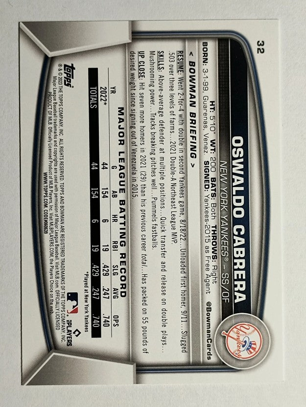 2023 Bowman #32 Oswaldo Cabrera RC