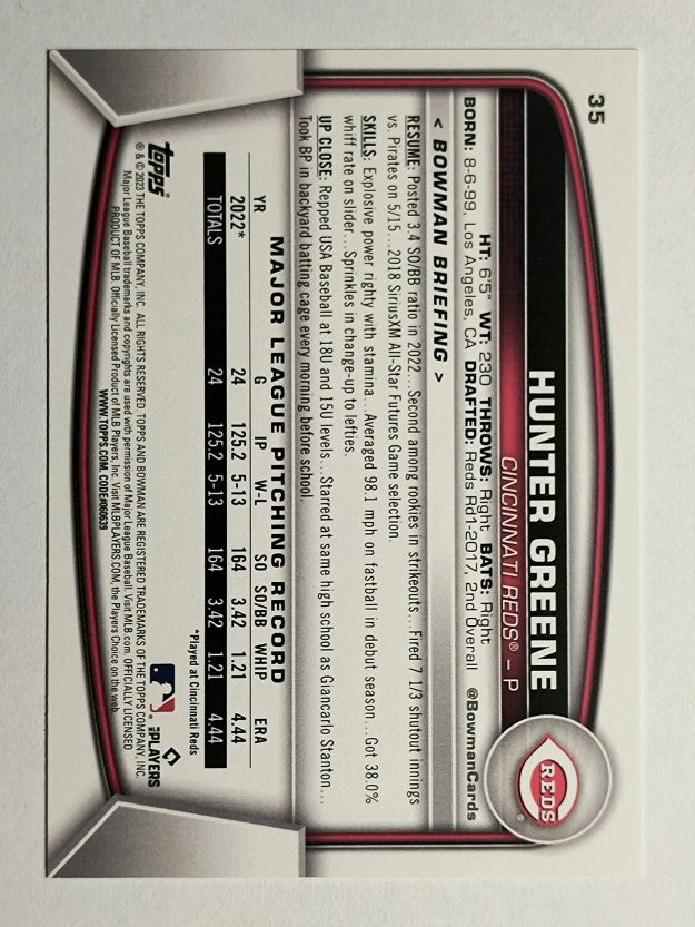 2023 Bowman #35 Hunter Greene