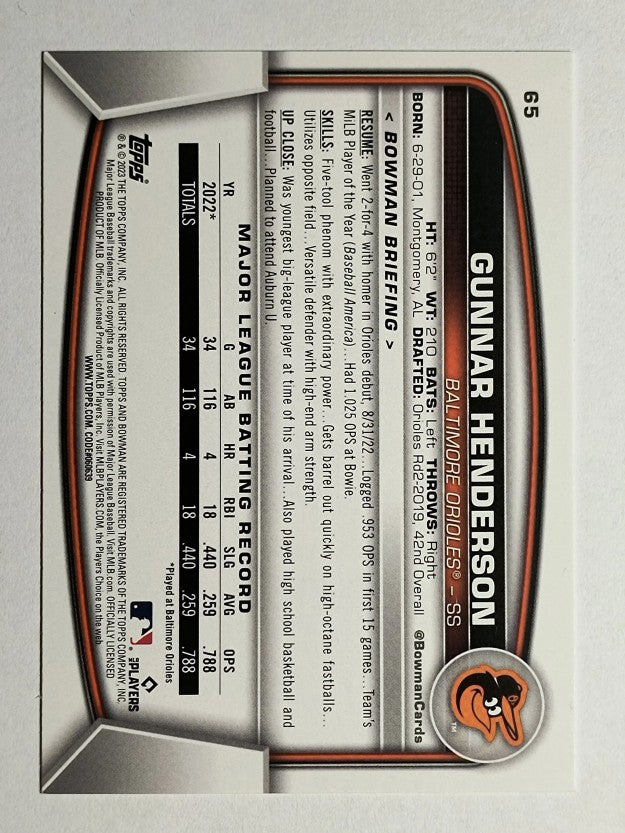 2023 Bowman #65 Gunnar Henderson RC