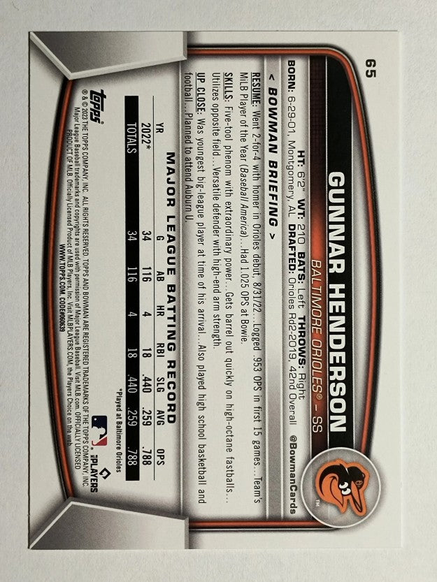 2023 Bowman #65 Gunnar Henderson RC