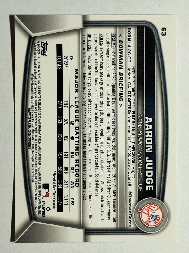 2023 Bowman Chrome #63 Aaron Judge