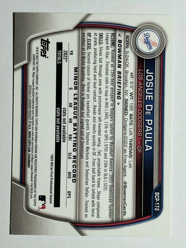 2023 Bowman Chrome Mega Box Prospects #BCP172 Josue De Paula