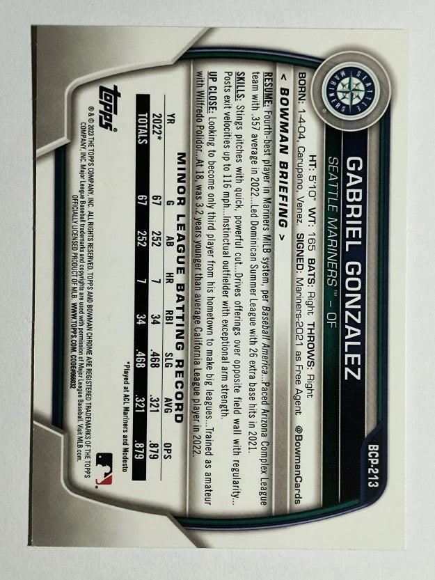 2023 Bowman Chrome Mega Box Prospects #BCP213 Gabriel Gonzalez