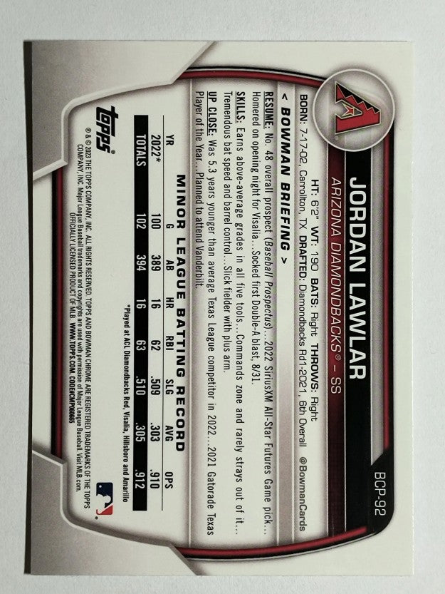 2023 Bowman Chrome Prospects #BCP92 Jordan Lawlar