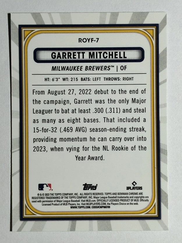 2023 Bowman Chrome Rookie of the Year Favorites #ROYF7 Garrett Mitchell