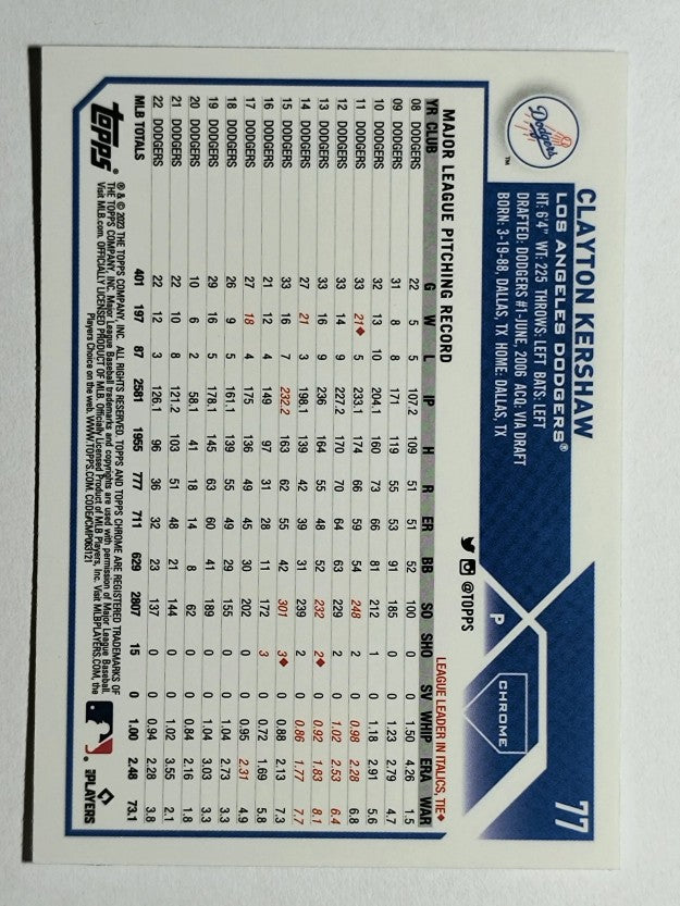 2023 Topps Chrome #77 Clayton Kershaw