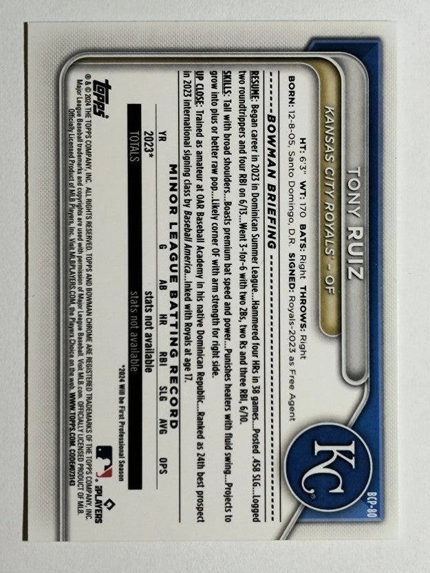 2024 Bowman Chrome Prospects #BCP80 Tony Ruiz