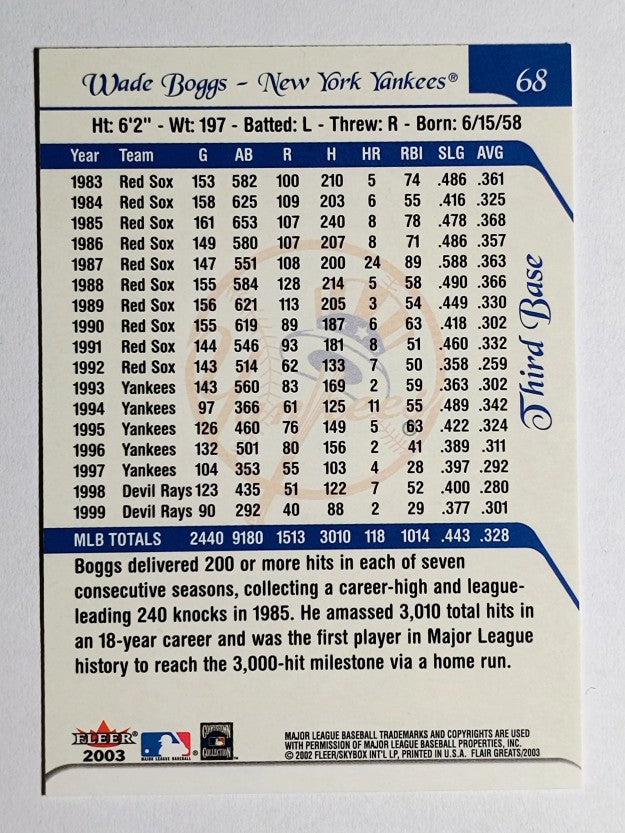 2003 Flair Greats #68 Wade Boggs