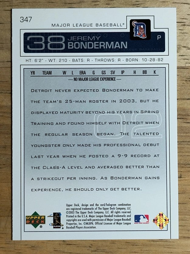 2003 Upper Deck #347 Jeremy Bonderman RC