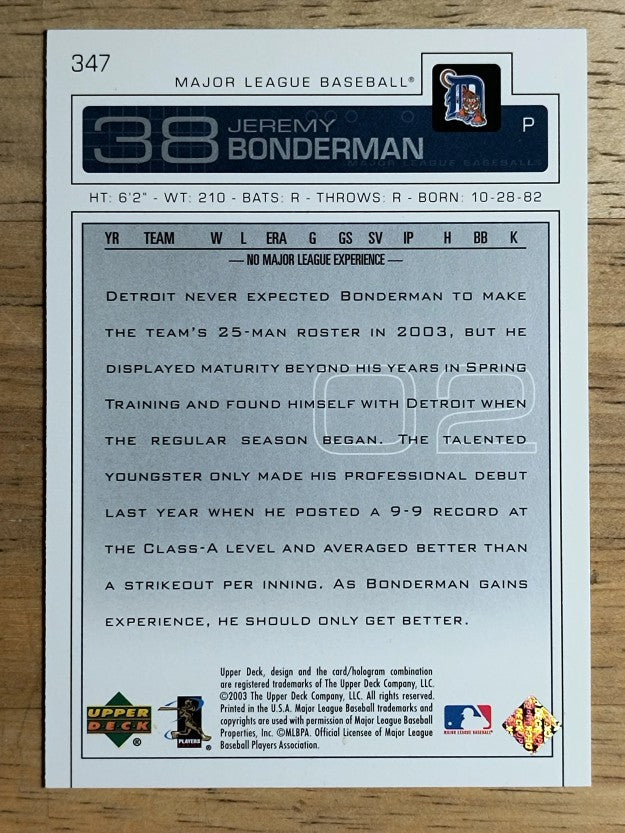 2003 Upper Deck #347 Jeremy Bonderman RC